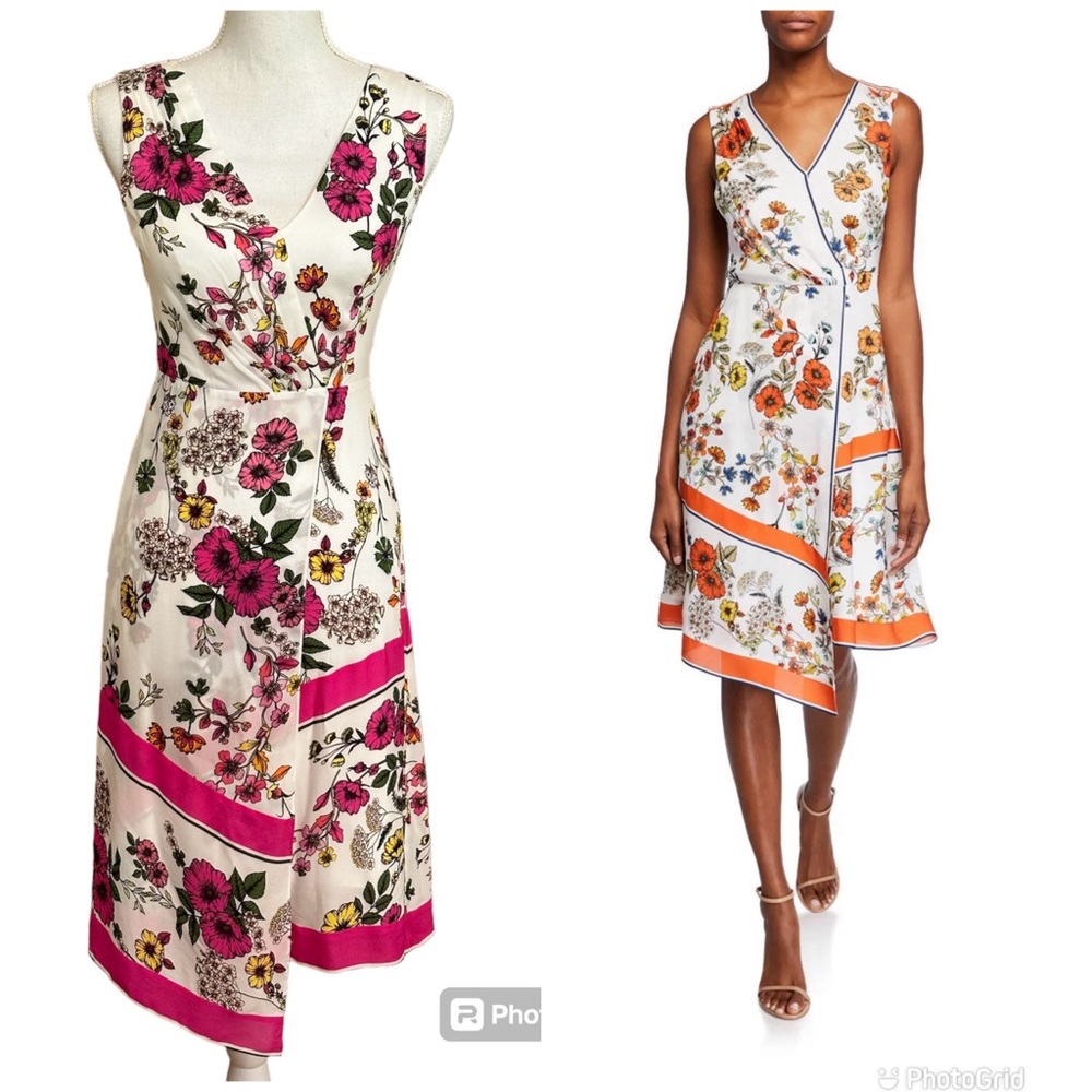 Elie Tahari Jannele Pink Floral Print Asymmetrical  Sleeveless Faux Wrap…